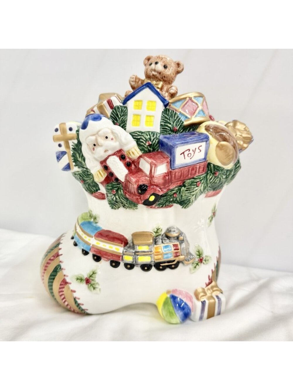 Fitz & Floyd Omnibus Ceramic Christmas Stocking Toyland Cookie Jar